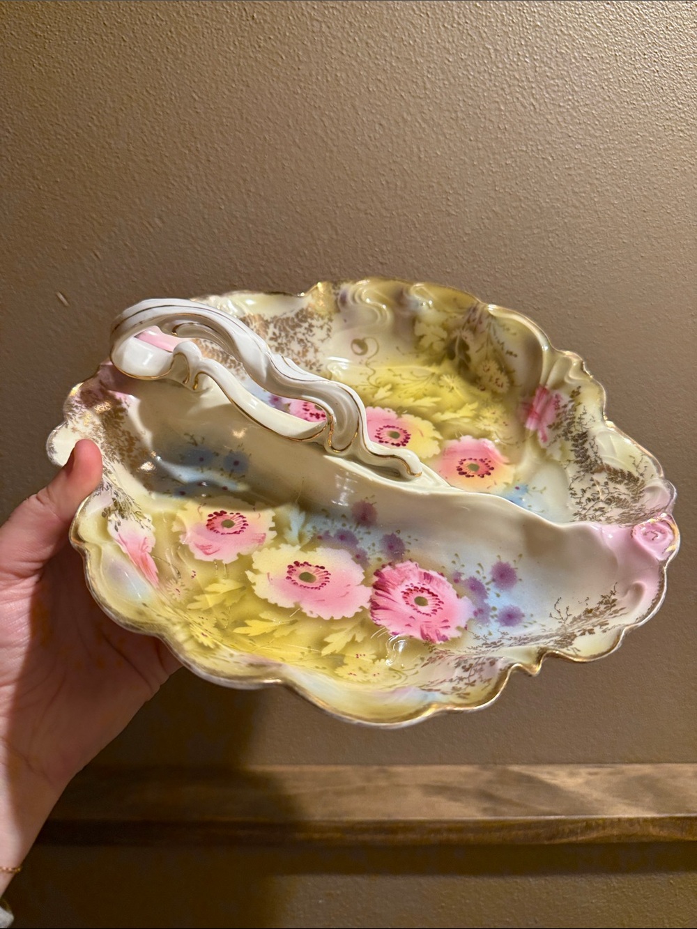 Vtg Germany Porcelain Handled Nappy Floral Decor Plate